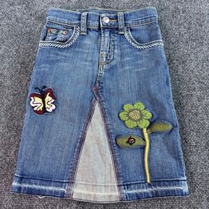 Lucky Brand Dungaree Jean Skirt Girls 2 Blue Butterfly Flower Embroidered Boho